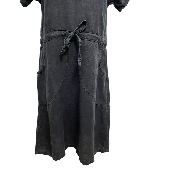 100% Linen Round Neck Cinched Waist Shirt Dress Washed Black size Small/Medium - Picture 3 of 8